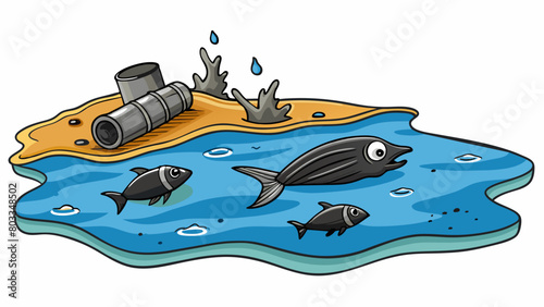An oil spill in the ocean with a shiny film on the waters surface and dead fish washing up on the shore. The water is coated in a slick dark substance. Cartoon Vector