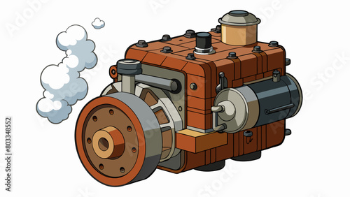An old rusted engine with a bulky blocklike structure crafted from heavy iron and showing signs of wear and tear. It runs on a basic crankshaft system. Cartoon Vector