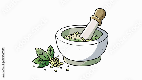 An oldfashioned stone mortar and pestle with crushed herbs and es tered around it. A person grips the pestle tightly and moves it in a circular motion. Cartoon Vector