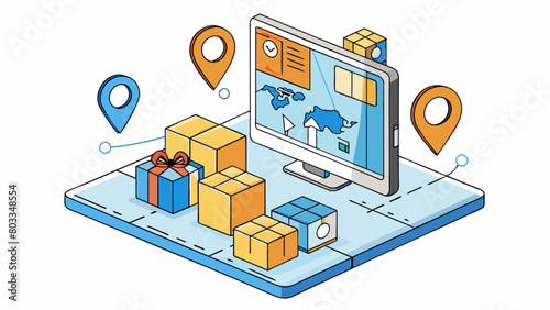 An online tracking system allows customers to monitor their packages journey from start to finish. The system shows realtime updates of the packages. Cartoon Vector