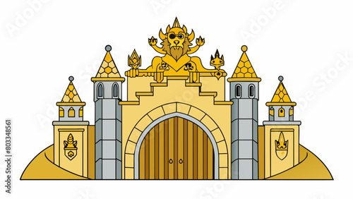 An ornate goldleafed gate adorned with sculptures of lions and gargoyles guarding the entrance to a medieval castle atop a towering hill.. Cartoon Vector
