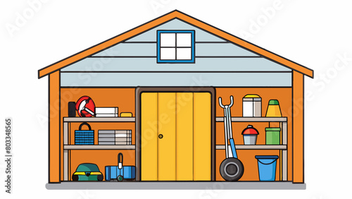 An orderly garage with specialized storage containers lining the walls. Each container is labeled and stacked according to its type from hardware. Cartoon Vector