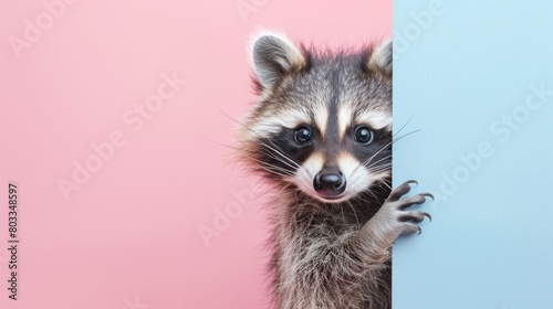 Raccoon Peeking Behind Blue and Pink Wall
