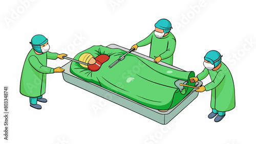 A patients body is dd with a green surgical cloth leaving only the area being operated on exposed. The surgeons hands move deftly as they use a. Cartoon Vector