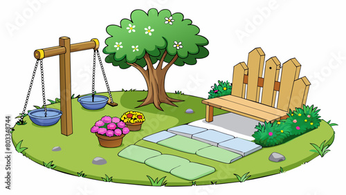 A peaceful backyard garden with a stone path colorful flowers blooming in raised beds and a wooden swing hanging from a tall tree.. Cartoon Vector