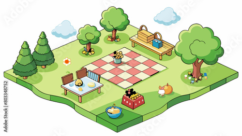 A peaceful park with neatly trimmed lawns fragrant flowers and families having picnics on checkered blankets enjoying the warm sunshine.. Cartoon Vector