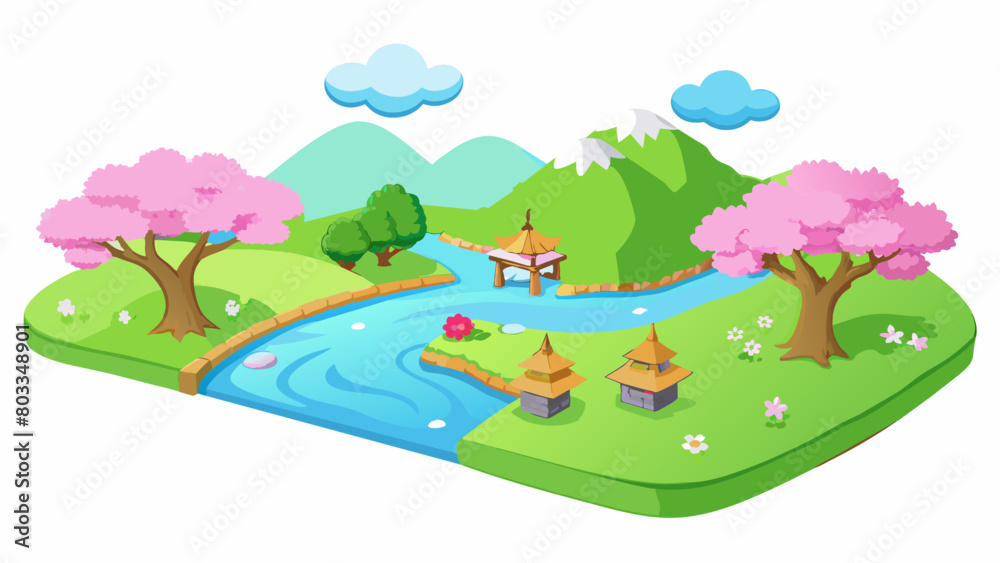 A picturesque landscape of lush green hills and a peaceful river surrounded by blooming cherry blossom trees. The scene exudes a serene and abundant. Cartoon Vector