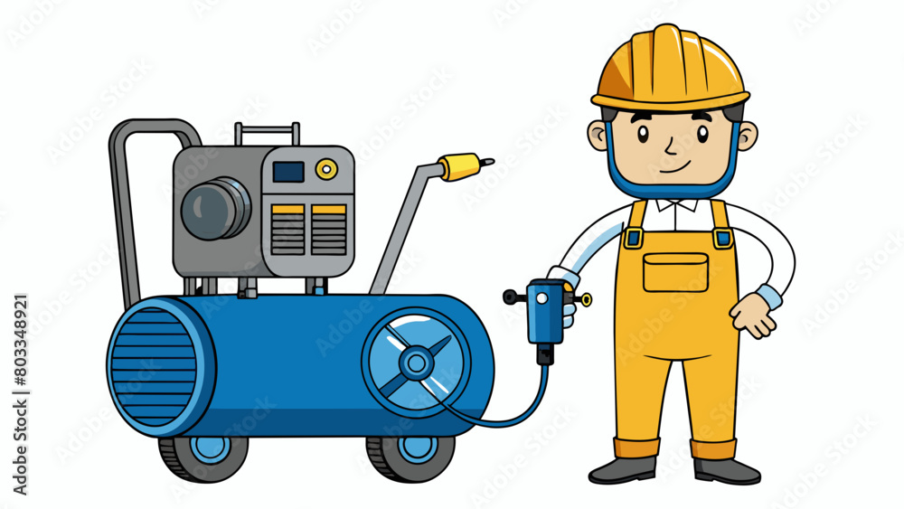 Fototapeta premium A portable compressor is being used by a construction worker on a job site. It is small and compact with a black handle and wheels for easy. Cartoon Vector