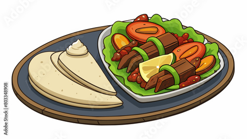 A plate of sizzling fajitas with strips of marinated meat and saut ed peppers and onions. The meat is perfectly charred and tender and the vegetables. Cartoon Vector