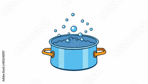 A pot of boiling water on a stove with tiny bubbles rising to the surface and bursting. The water is hot and releases steam into the air filling the. Cartoon Vector