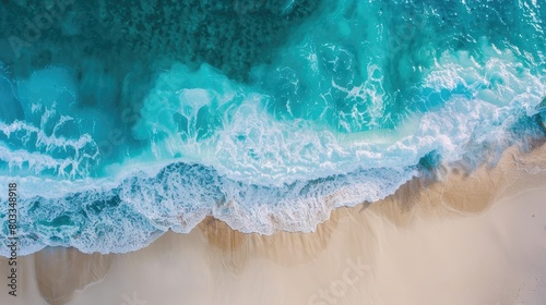 Aerial view of beautiful sandy beach with turquoise ocean wave
