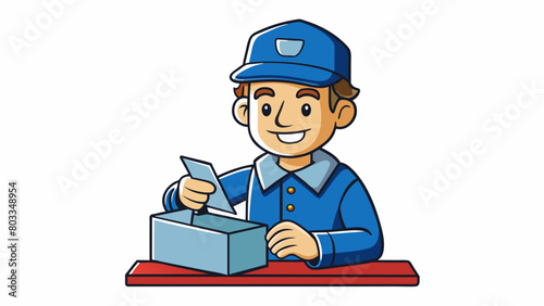 A postal worker sorts through a bin of letters using a handheld stamp to mark them with the correct postage and destination. The stamp has a compact. Cartoon Vector