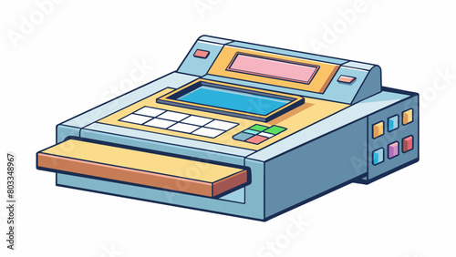 A printer unexpectedly stops working midprint requiring reactive maintenance to fix. The object is a rectangular box with buttons and screens. Cartoon Vector