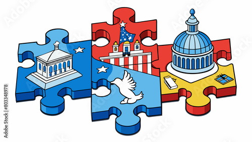 A puzzle Politics can be complex and convoluted with many pieces that need to fit together to form a cohesive picture. Like a puzzle different. Cartoon Vector