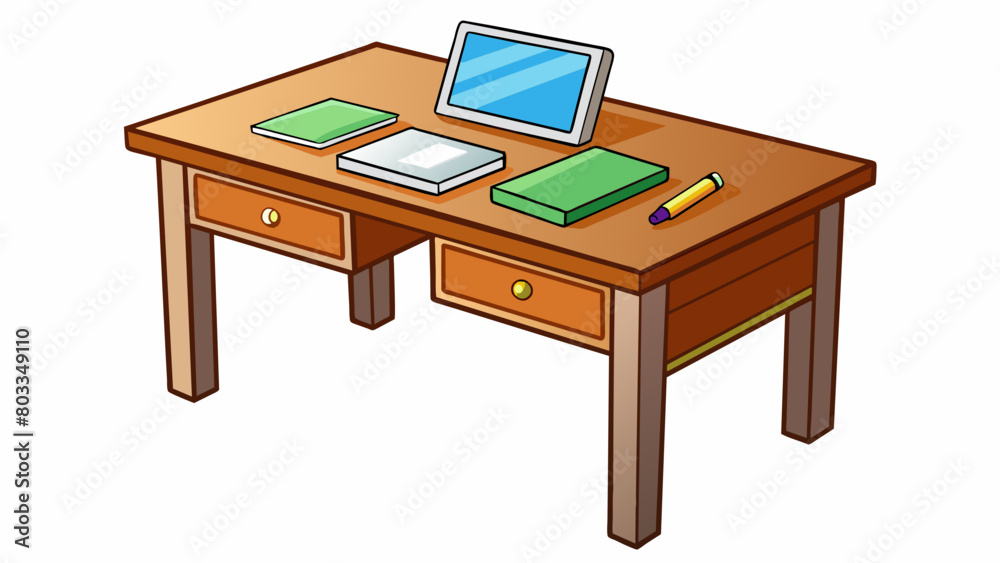 A rectangular desk with four smooth wooden legs and a polished surface. On top there is a stack of papers a pencil holder and a computer monitor. The. Cartoon Vector A rectangular desk with four smooth wooden legs and a polished surface. On top there is a stack of papers a pencil holder and a computer monitor. The. Cartoon Vector