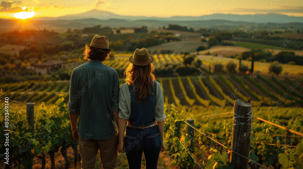 Fototapeta premium Young couple exploring beautiful vineyard at sunset