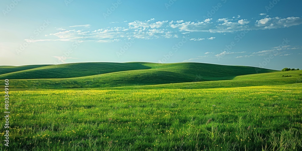 Green rolling hills under blue sky with white clouds