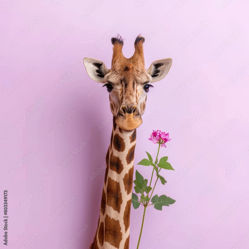 Cute giraffe on a pastel background, copy space banner, Concept: cute animal looking at the camera, the tallest artiodactyl mammal
