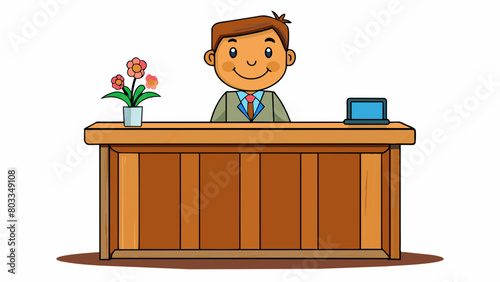 A reception desk is located at the entrance of a building with a large counter and a friendly staff member waiting to greet visitors. The desk is made. Cartoon Vector