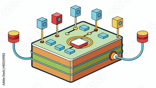 A rectangular box with multiple ports and cables which connects various devices together and allows them to share data and resources through a wired. Cartoon Vector