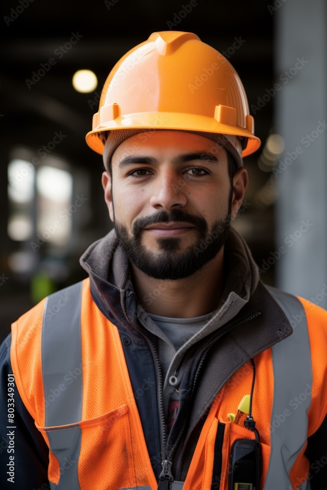 Portrait of a construction worker wearing a hard hat and safety vest Portrait of a construction worker wearing a hard hat and safety vest