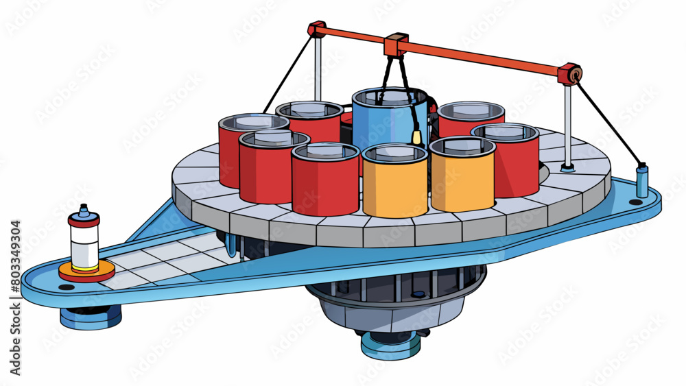A rotating metal platform with a series of small cups attached to it ...