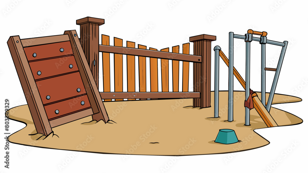 A rusted squeaky metal gate attached to a wooden fence opening up to a deserted playground with swings slides and a sandpit.. Cartoon Vector A rusted squeaky metal gate attached to a wooden fence opening up to a deserted playground with swings slides and a sandpit.. Cartoon Vector