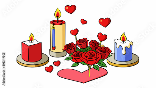 A romantic atmosphere is set with flickering candlelight a bouquet of red roses and soft instrumental music playing in the background. The objects are. Cartoon Vector