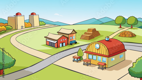 A rural town surrounded by vast farmlands and rolling hills. The main street is quiet with oldfashioned storefronts and a small town diner. The smell. Cartoon Vector