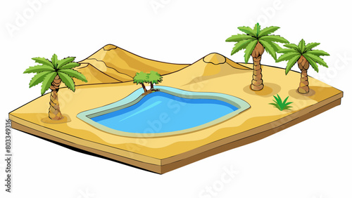 A remote desert oasis with sand dunes for miles and a lone palm tree standing tall against the bright blue sky. The palm tree provides shade for a. Cartoon Vector