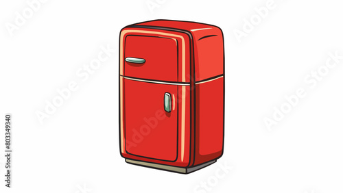 A retrostyle refrigerator with a bright red exterior rounded corners and a topmounted handle for opening the door.. Cartoon Vector photo