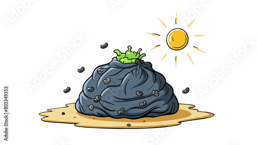 A rotting foulsmelling black garbage bag left out in the hot sun. It appears to be filled with wet slimy waste and there are flies buzzing around it.. Cartoon Vector