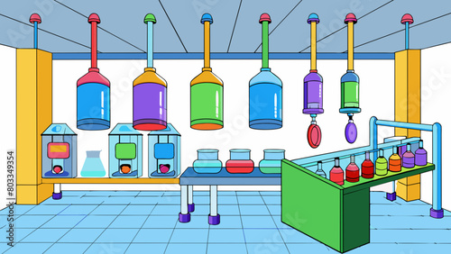 A room filled with brightly colored plastic tubes and containers hanging from the ceiling. A machine injects liquid into the containers and seals them. Cartoon Vector