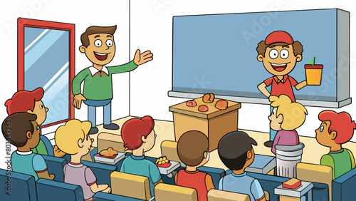 A room filled with loud chatter and laughter as students gather for a club meeting. Stacks of pizza boxes and poster boards line the walls and a. Cartoon Vector
