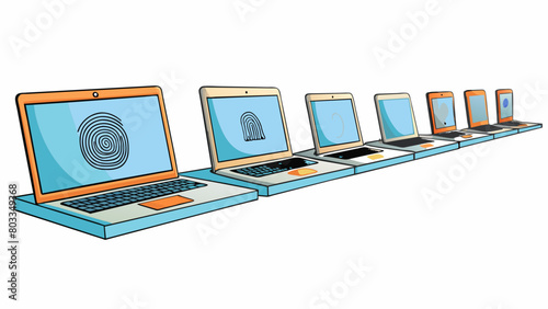A row of laptops all in different models and sizes with each one powered off and displayed on a shelf. Some have fingerprints and dust on their. Cartoon Vector