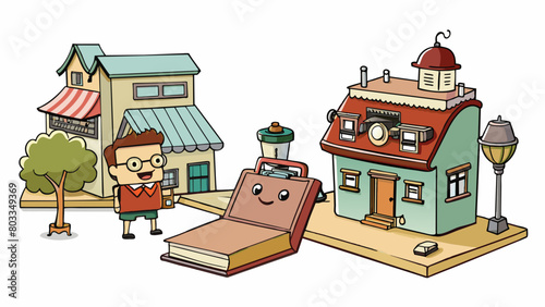 A romcom that takes place in a small town with charming vintagelooking cafes and quirky antique shops. The main love interest carries a leatherbound. Cartoon Vector photo