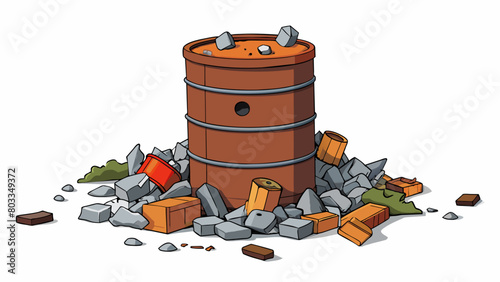 A rusted old metal barrel filled with broken glass rusted cans and piles of cigarette butts. The items inside are sharp jagged and covered in dirt and. Cartoon Vector