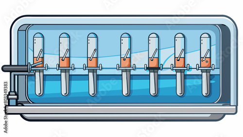 A row of shiny metal surgical instruments submerged in a clear liquid inside a stainless steel autoclave machine. The machines temperature and. Cartoon Vector