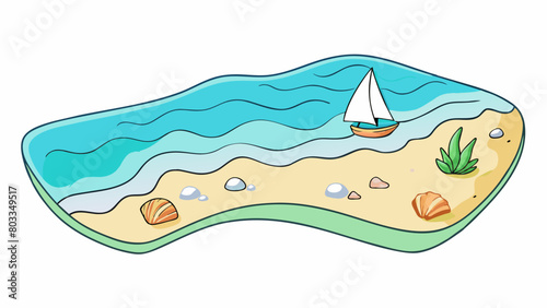 A seascape painting of a beach with tranquil bluegreen waters and a sandy shore dotted with seashells and pebbles. The sky is a mix of soft pastel. Cartoon Vector