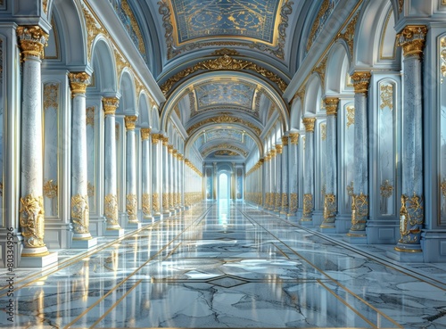 ornate hallway with marble floor and gold columns