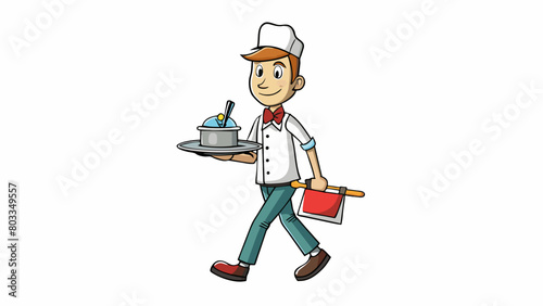 A server at a restaurant walking between tables while carrying a tray of food with plates and lery. The tray is made of lightweight but sy metal while. Cartoon Vector