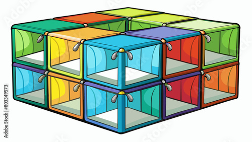 A set of colorful collapsible fabric storage cubes each with a clear plastic window and zipper closure. The cubes can be stacked or arranged side by. Cartoon Vector