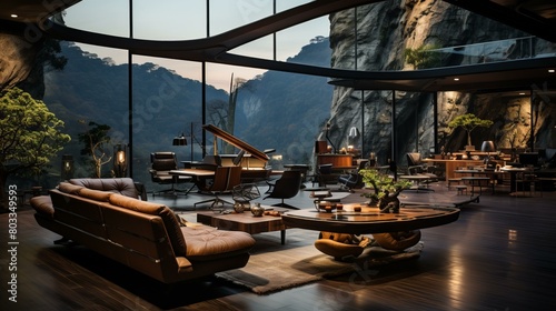 futuristic living room interior design with huge windows