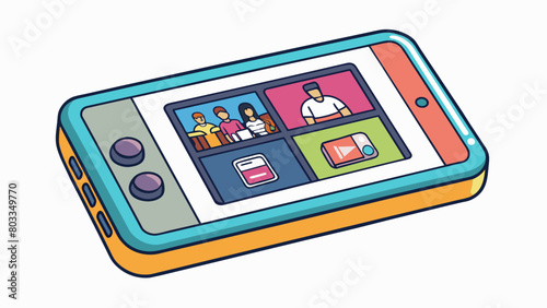 A sleek and lightweight rectangular device with a touchsensitive screen which stores and plays music videos and photos.. Cartoon Vector