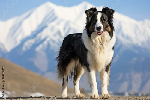 A Border Collie standing on a mountaintop photo