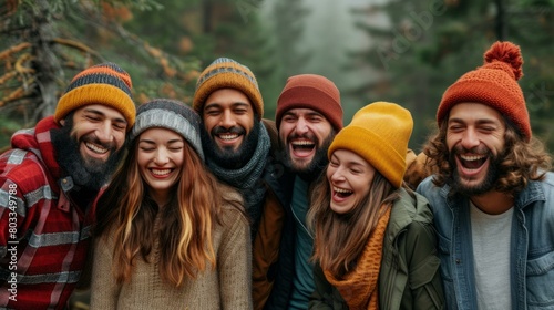 Group of diverse friends laughing together in the woods