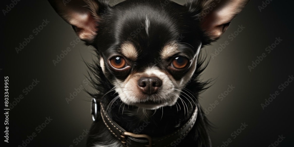 A close-up portrait of a chihuahua with a serious expression on its face