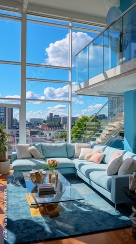 A bright and airy living room with a large glass window and a view of the city