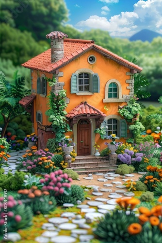 Small orange cottage with flowers in front yard