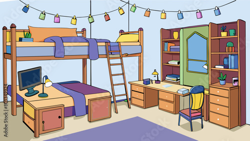 A small dorm room with bunk beds and matching desks pushed against the wall. The room is cluttered with textbooks and notes and string lights are. Cartoon Vector